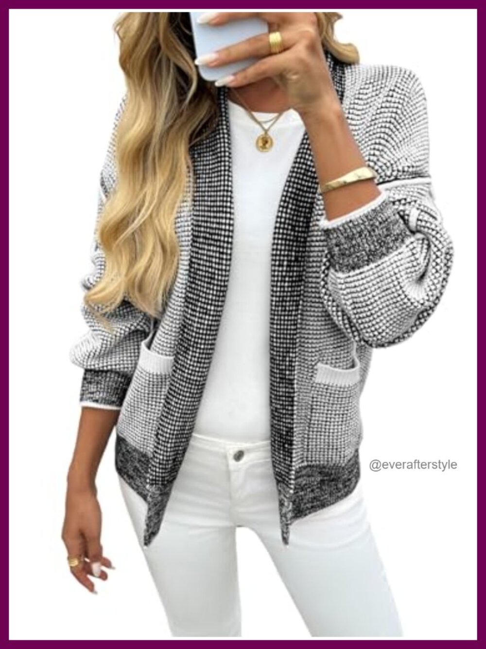 Waffle Knit Open Front Cardigan Sweater with Pockets Long Sleeve
